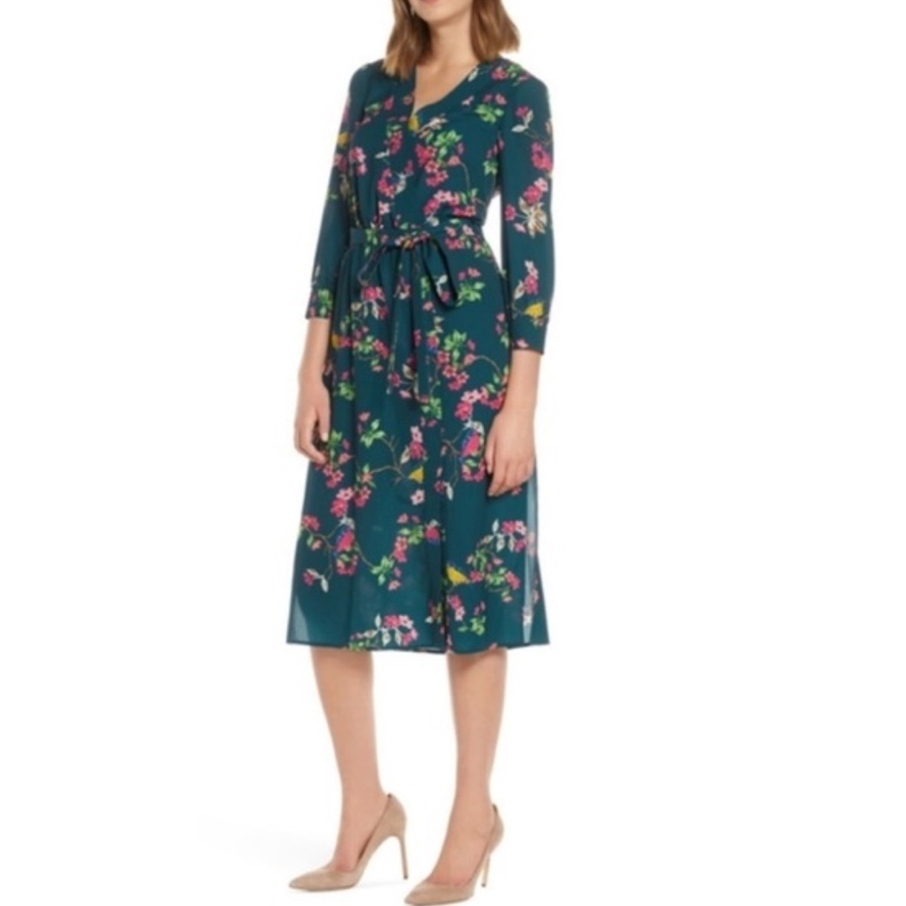Eliza J Green Floral Bird Faux Wrap Midi Dress 3/4 Sleeve Slit Sz 8